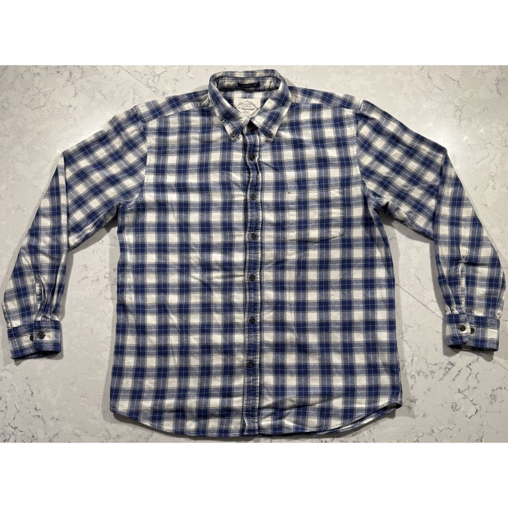 St Johns Bay Flannel Shirt Mens Large Blue White Plaid Classic Fit Long Sleeve